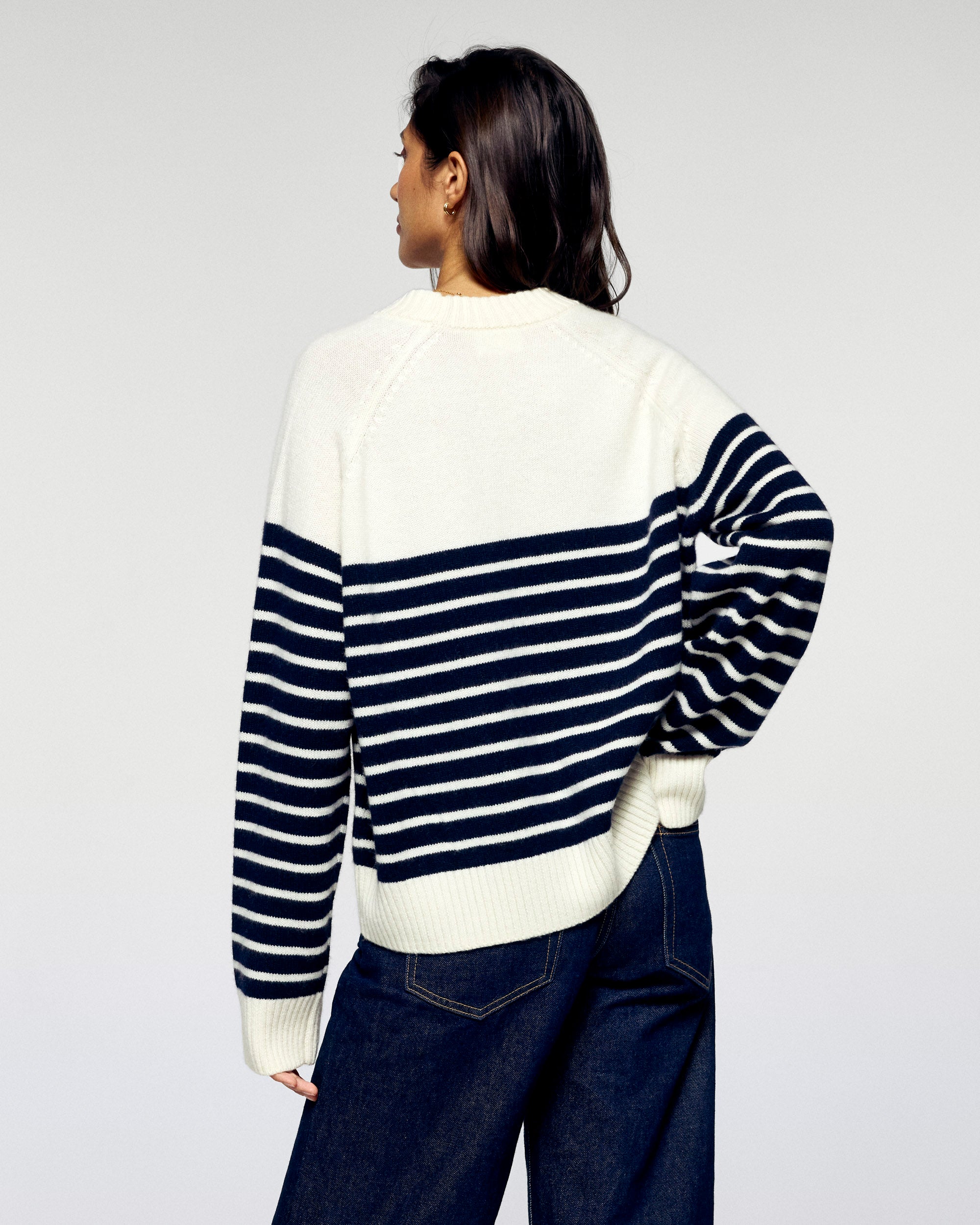 Pull Col Rond Rayé Coeur - Écru et Bleu