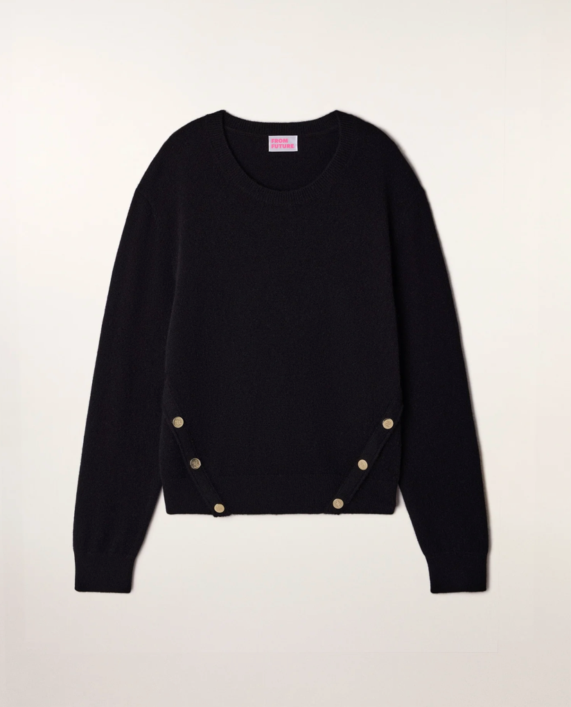 Pull Col Rond Boutons - Noir