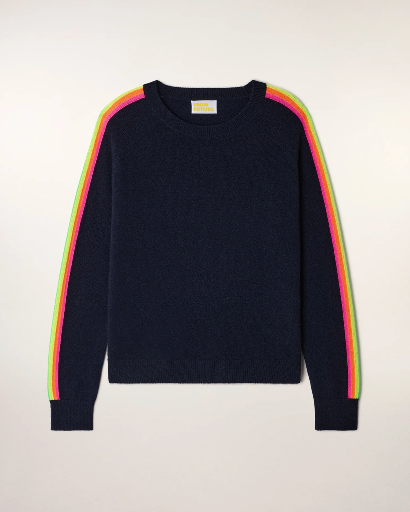 Pull Col Rond Bandes Multicolores - Navy