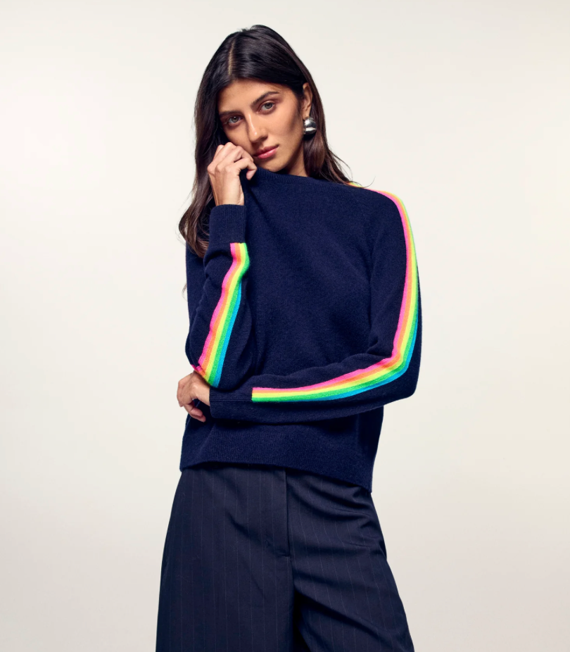 Pull Col Rond Bandes Multicolores - Navy