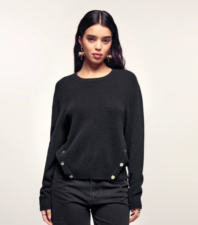 Pull Col Rond Boutons - Noir