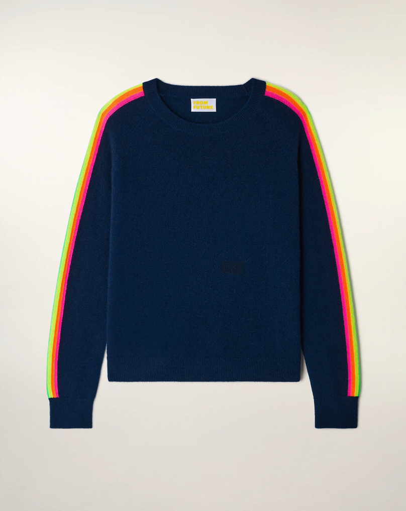 Pull Col Rond Bandes Multicolores - Navy