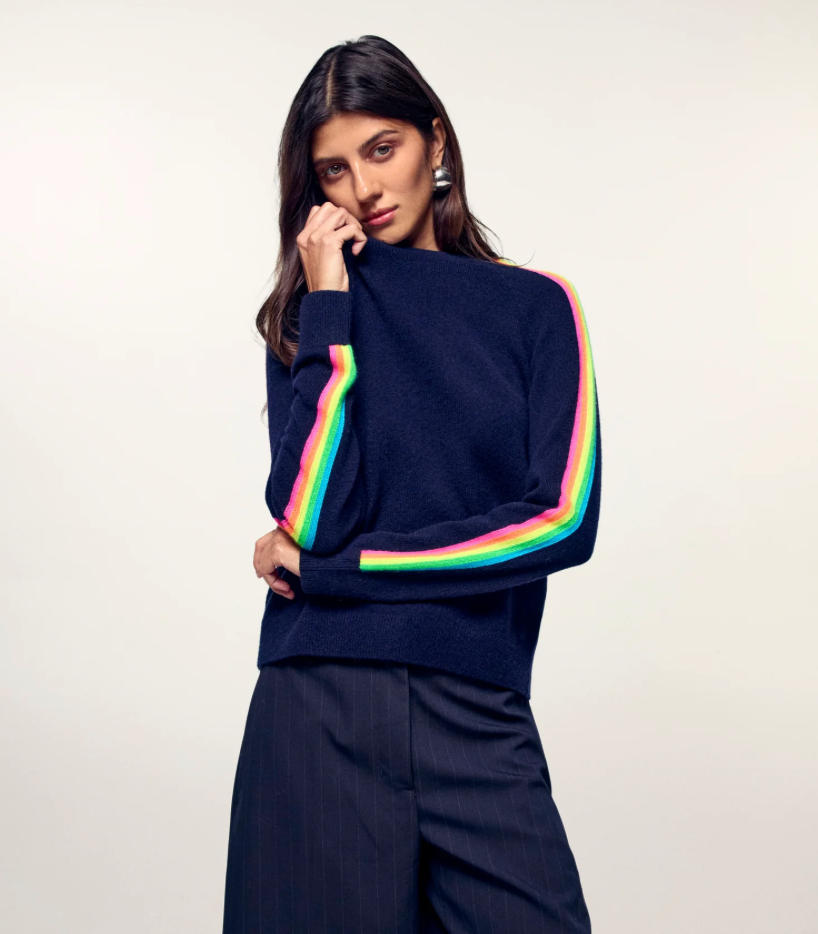 Pull Col Rond Bandes Multicolores - Navy