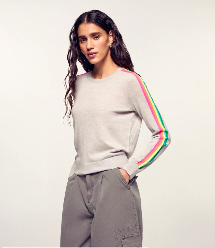 Pull Col Rond Bandes Multicolores - Gris Chiné Clair