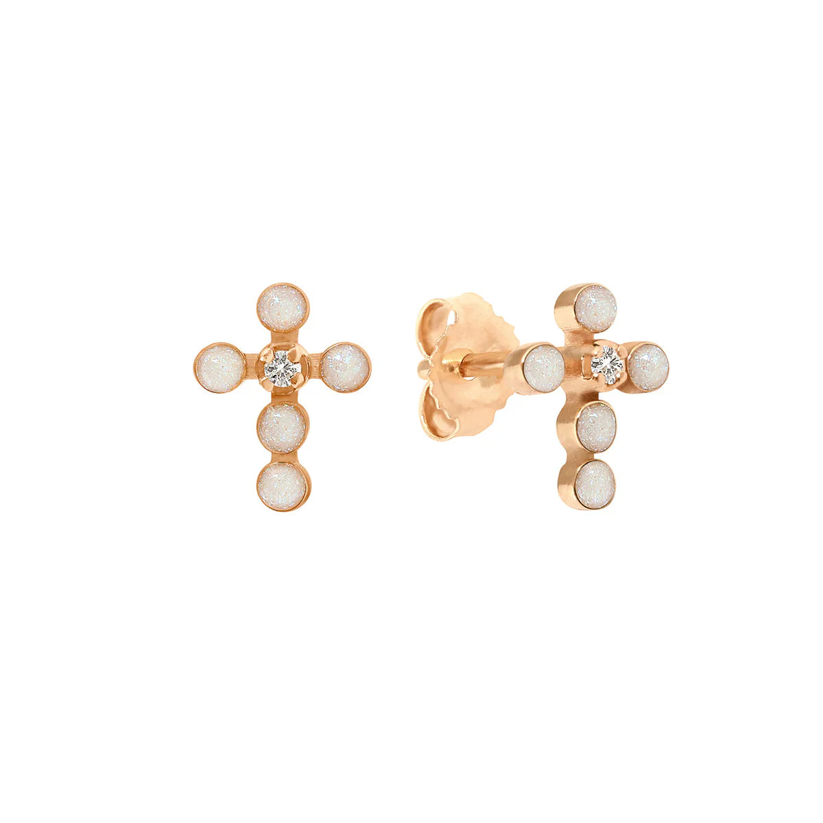 Boucles d'Oreilles Croix Perlée Or Rose - Opale