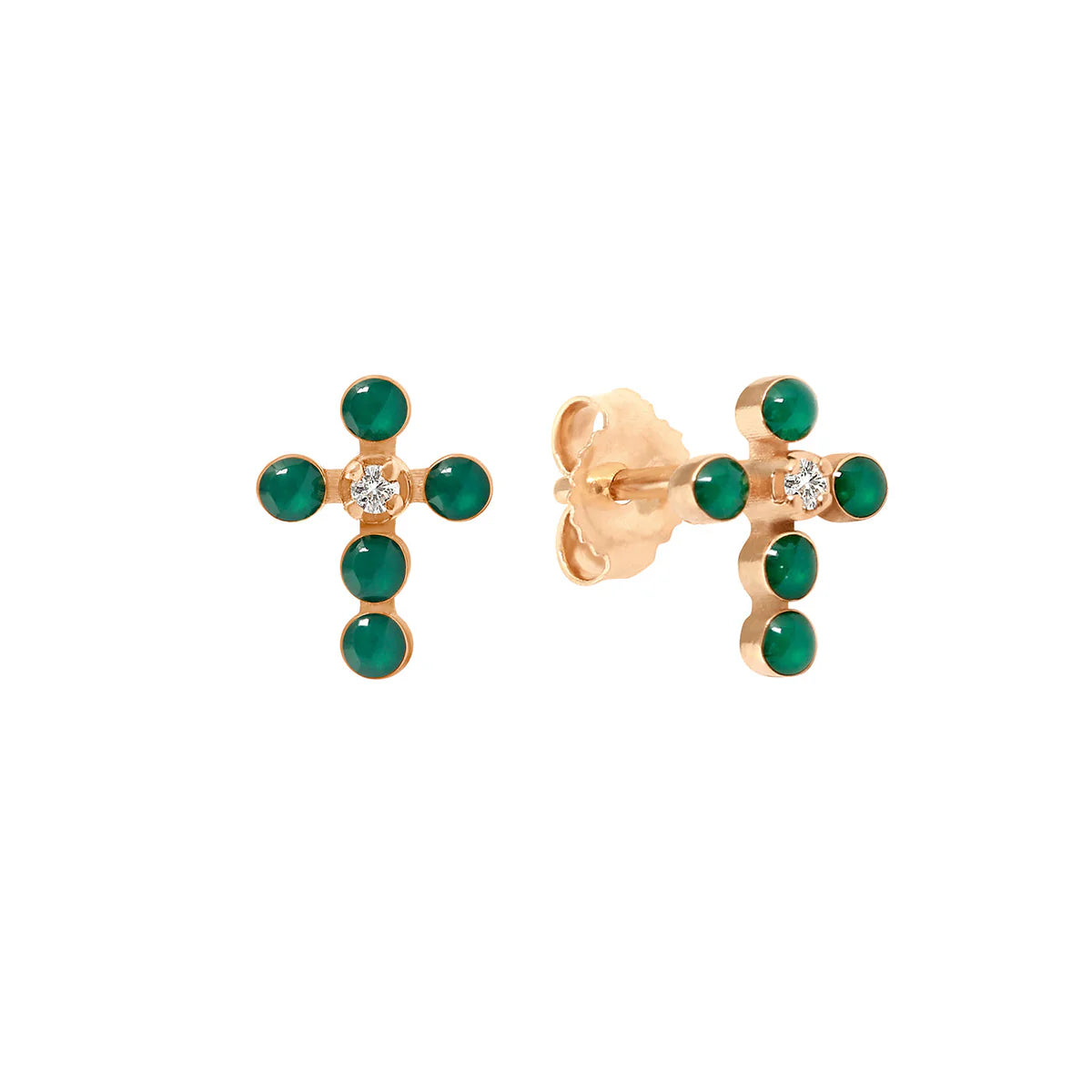 Boucles d'Oreilles Croix Perlée Or Rose - Emeraude